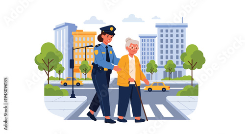 Community police officer helping elderly person cross street safely in positive public service scene illustrated in modern flat solid color vector style