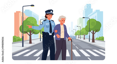 Community police officer helping elderly person cross street safely in positive public service scene illustrated in modern flat solid color vector style