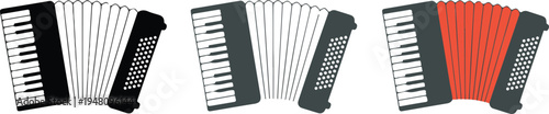 Minimalist accordion musical instrument vector icons set featuring keyboard and bellows in black gray and red flat styles.