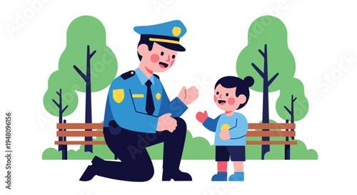 Friendly police officer speaking with child during community outreach program in public park, illustrated in modern flat solid color vector style
