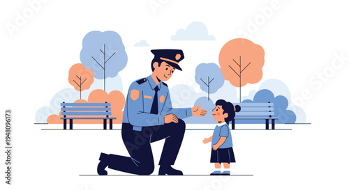 Friendly police officer speaking with child during community outreach program in public park, illustrated in modern flat solid color vector style