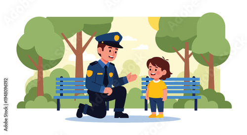 Friendly police officer speaking with child during community outreach program in public park, illustrated in modern flat solid color vector style