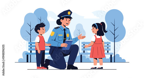 Friendly police officer speaking with child during community outreach program in public park, illustrated in modern flat solid color vector style