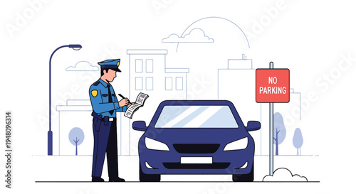Police officer issuing traffic ticket beside parked vehicle on city street in modern flat solid color vector illustration style