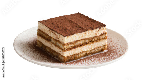 Tableau sur toile Isolated slice of classic Italian tiramisu dessert on a round ceramic plate, dus