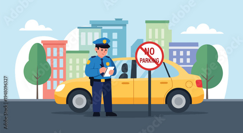Police officer issuing traffic ticket beside parked vehicle on city street in modern flat solid color vector illustration style