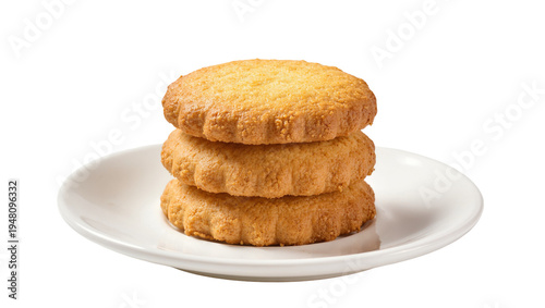 Photography Isolated stack of three delicious golden-brown shortbread cookies on a small whi