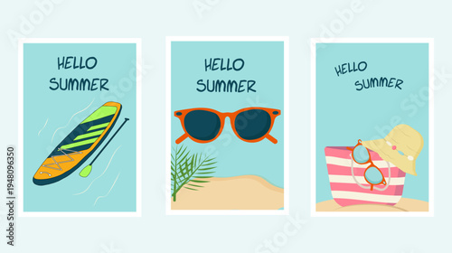Set of three vertical summer posters in flat vector style. Featuring a SUP board, orange sunglasses, and a beach bag with a sun hat. Minimalist pastel designs for vacation and travel themes.
