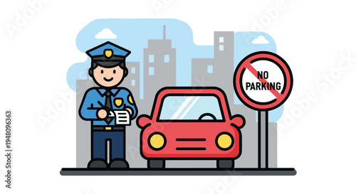 Police officer issuing traffic ticket beside parked vehicle on city street in modern flat solid color vector illustration style