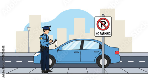 Police officer issuing traffic ticket beside parked vehicle on city street in modern flat solid color vector illustration style
