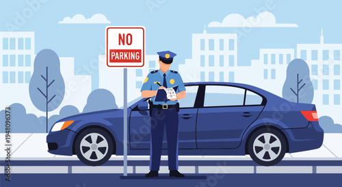 Police officer issuing traffic ticket beside parked vehicle on city street in modern flat solid color vector illustration style