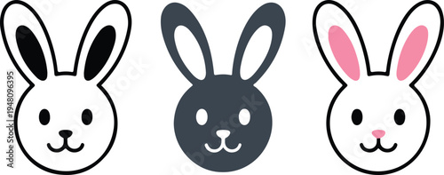 Minimalist bunny rabbit head vector icons set with cute ears and face in outline solid and pink styles.