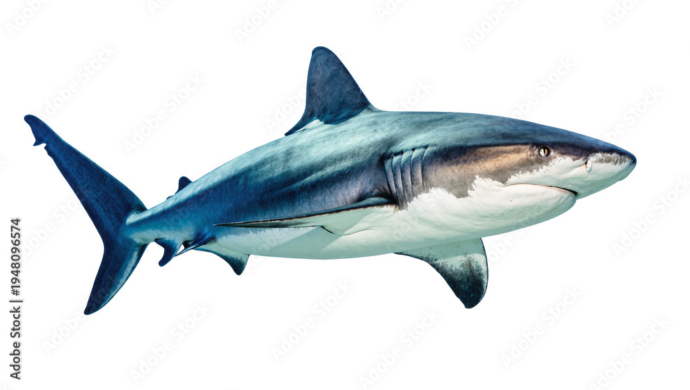 Obraz premium Isolated majestic great white shark with sleek body and sharp fins ready to hunt prey