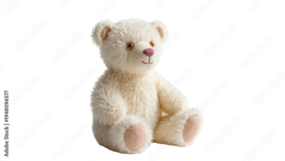 Fototapeta premium Isolated fluffy cream-colored sitting teddy bear, a cute and cuddly children's toy