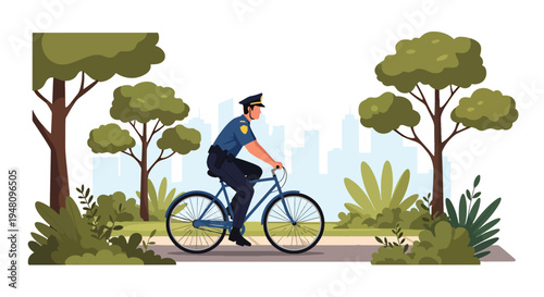 Police officer riding bicycle on patrol through public park setting in modern flat solid color vector illustration style