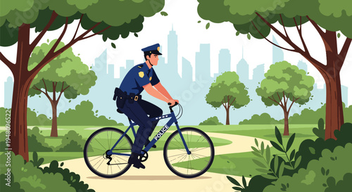 Police officer riding bicycle on patrol through public park setting in modern flat solid color vector illustration style