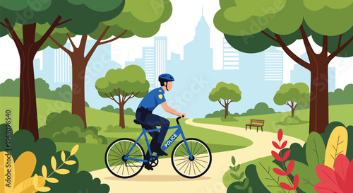 Police officer riding bicycle on patrol through public park setting in modern flat solid color vector illustration style