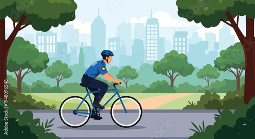 Police officer riding bicycle on patrol through public park setting in modern flat solid color vector illustration style