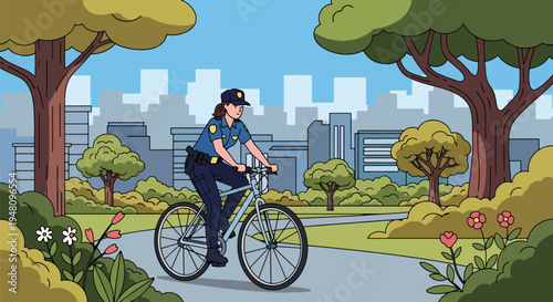 Police officer riding bicycle on patrol through public park setting in modern flat solid color vector illustration style