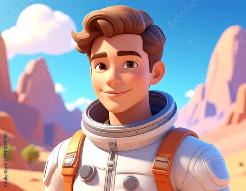 Animated astronaut smiling in a desert landscape