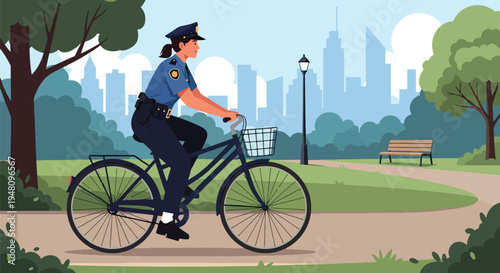Police officer riding bicycle on patrol through public park setting in modern flat solid color vector illustration style