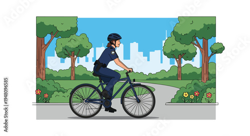 Police officer riding bicycle on patrol through public park setting in modern flat solid color vector illustration style
