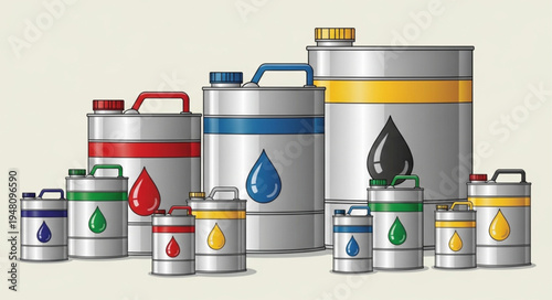 Collection of colorful oil cans with different colored drops.