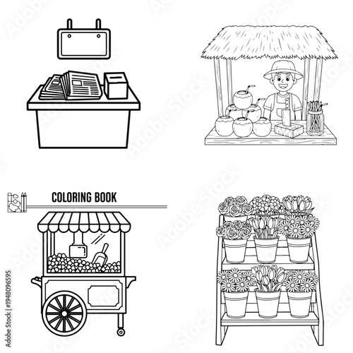 Coloring book marketplace: vendor stalls, produce, flowers & popcorn cart line art