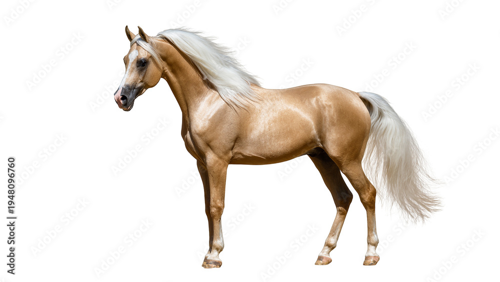 Obraz premium Isolated Palomino horse with golden coat and flowing white mane and tail standing gracefully