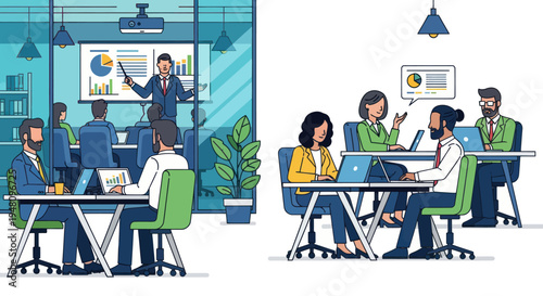 Business meeting with presentation and discussion, diverse team collaborating in office