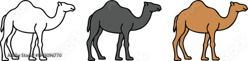 Minimalist camel desert animal vector icons set featuring dromedary profiles in outline solid and brown flat graphic styles.