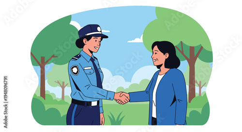 Police officer shaking hands with citizen representing trust and partnership in community policing illustrated in flat solid color vector style