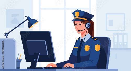 Police emergency dispatcher wearing headset and monitoring computer screens in modern flat solid color vector illustration style