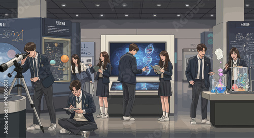 Students Explore Science Museum Exhibits - Pixel Art Style