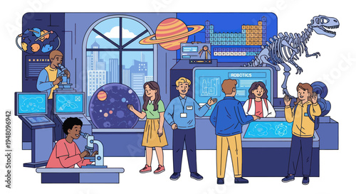 Diverse group of people exploring science museum exhibits, learning about astronomy and paleontology.