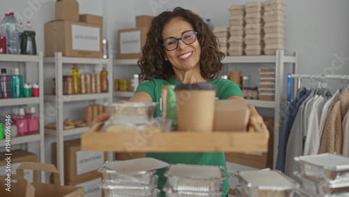 Foto Woman in green uniform smiling indoors holding food tray in charity volunteer ro