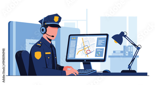 Police emergency dispatcher wearing headset and monitoring computer screens in modern flat solid color vector illustration style