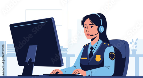 Police emergency dispatcher wearing headset and monitoring computer screens in modern flat solid color vector illustration style