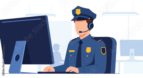 Police emergency dispatcher wearing headset and monitoring computer screens in modern flat solid color vector illustration style