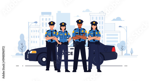 Group of police officers standing confidently together in front of patrol vehicle representing teamwork in modern flat solid color vector style