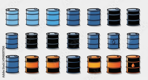 Collection of Oil Barrels in Various Colors and Conditions.