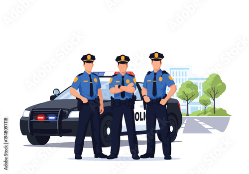 Group of police officers standing confidently together in front of patrol vehicle representing teamwork in modern flat solid color vector style
