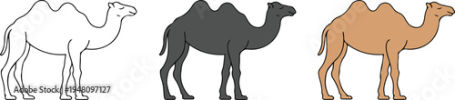 Minimalist camel desert animal vector icons set featuring dromedary profiles in outline solid and brown flat graphic styles.