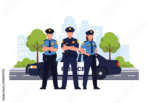 Group of police officers standing confidently together in front of patrol vehicle representing teamwork in modern flat solid color vector style