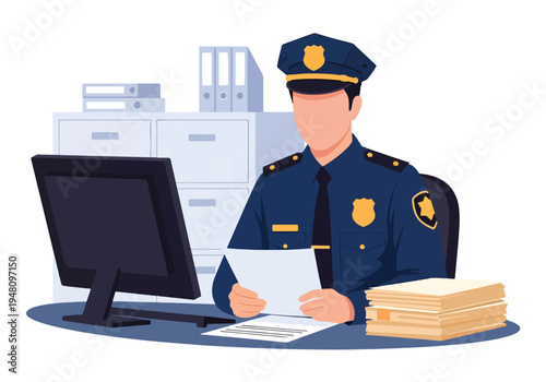 Police officer reviewing case files and paperwork at desk inside organized police office workspace in modern flat solid color vector illustration style
