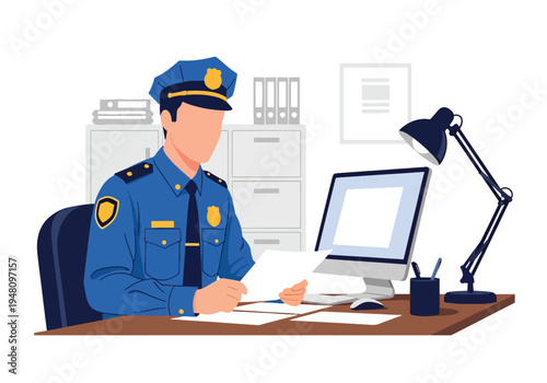 Police officer reviewing case files and paperwork at desk inside organized police office workspace in modern flat solid color vector illustration style