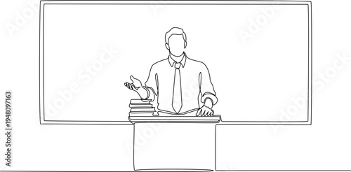 Continuous one line drawing of male teacher speaking while standing in front of class, teaching in classroom concept, single line art
