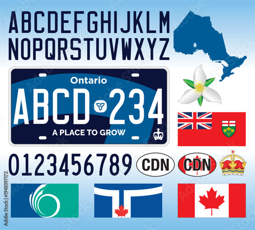 Ontario car license plate blue style, Canada, letters, numbers and symbols, vector illustration