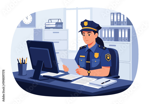 Police officer reviewing case files and paperwork at desk inside organized police office workspace in modern flat solid color vector illustration style
