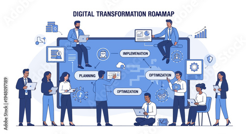 Business team implementing digital transformation strategy together
